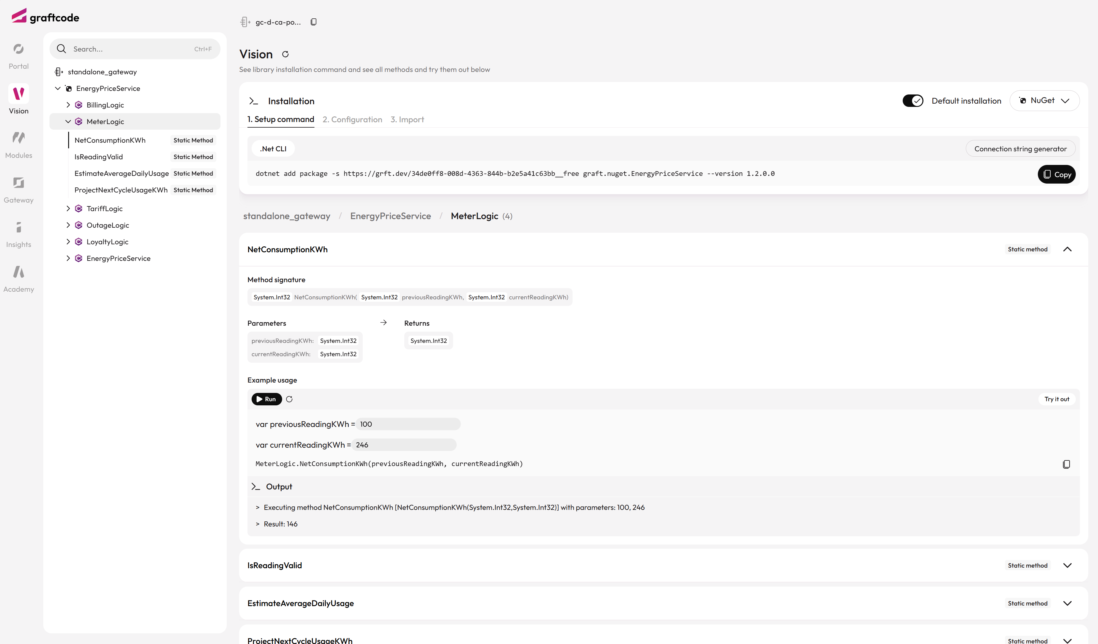 Graftcode Vision showing NetConsumptionKWh method details
